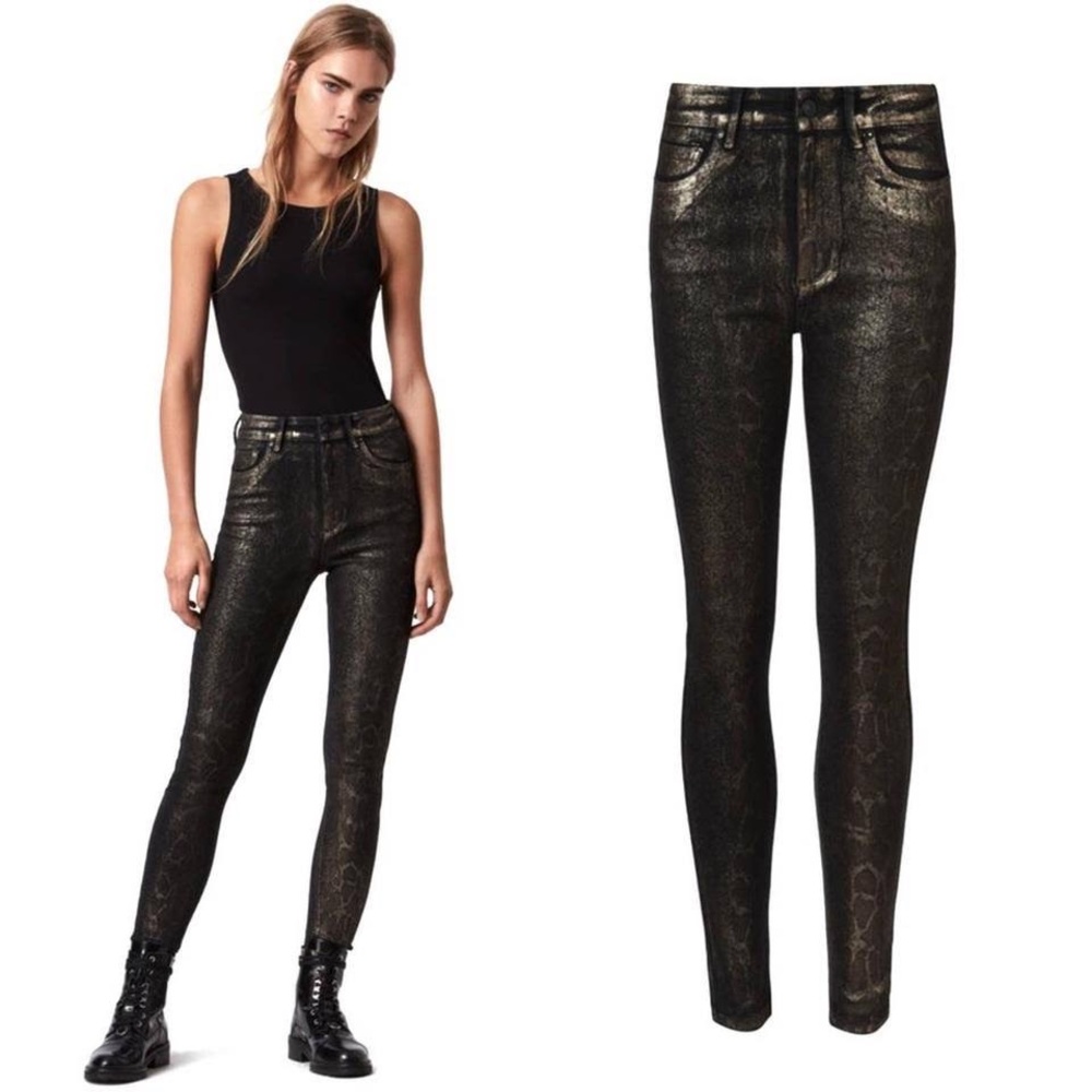 All Saints Metallic Snake-Embossed Skinny Jeans in Black with Gold Sheen